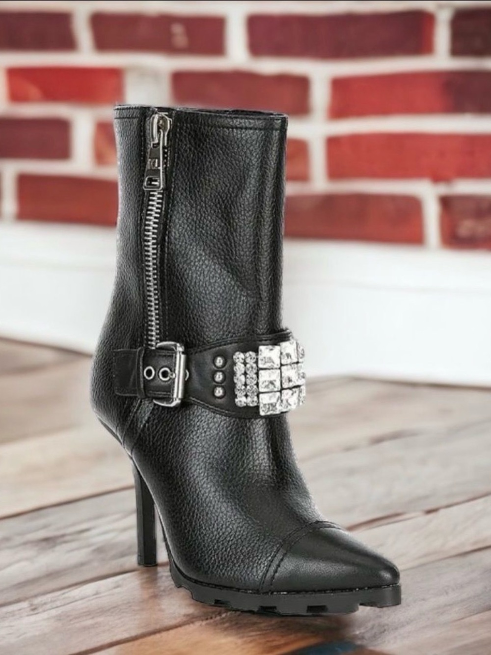 Karl Lagerfeld Paris MABEL Buckle Rhinestone Leather Booties